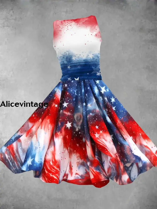 Retro Independence Day Flag Art Print Vintage Sleeveless Flowing Midi Dress