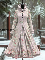 Retro Lace Art Print Vintage Elegant Long Sleeve Maxi Dress A / S