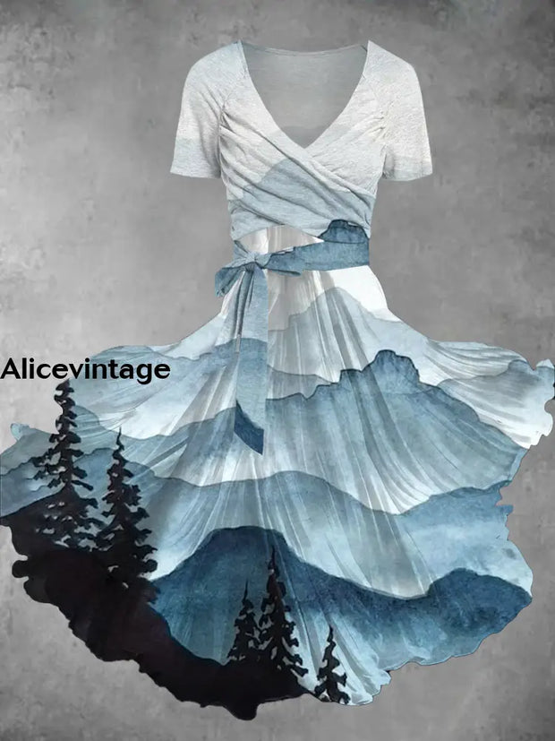 Retro Landscape Art Printed Cross Fold Short Sleeve Two Piece Midi Dress A / S