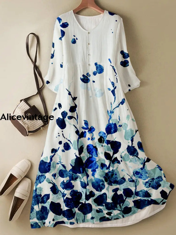 Retro Leaf Floral Printed V-Neck Button Elegant Chic Loose Long Sleeve Midi Dress A / S