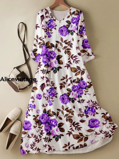 Retro Leaf Floral Printed V-Neck Button Elegant Chic Loose Long Sleeve Midi Dress A / S