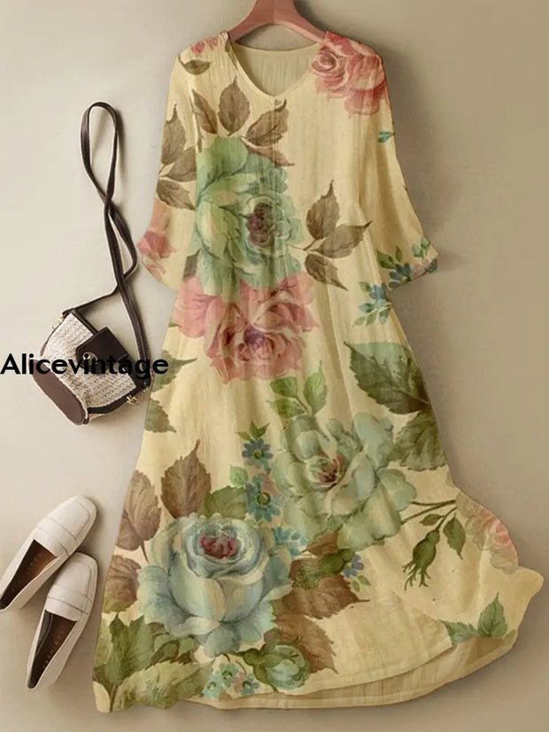 Retro Leaf Floral Printed V Neck Vintage Elegant Long Sleeve Midi Dress A / S