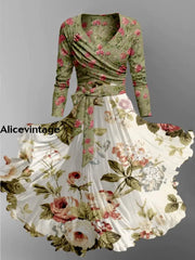 Retro Leaf Floral Printed Vintage Cross Fold Long Sleeve Two-Piece Midi Dress A / S