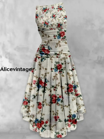 Retro Leaf Floral Printed Vintage Elegant Chic Sleeveless Multilayer Midi Dress A / S