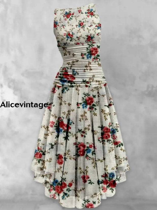 Retro Leaf Floral Printed Vintage Elegant Chic Sleeveless Multilayer Midi Dress A / S