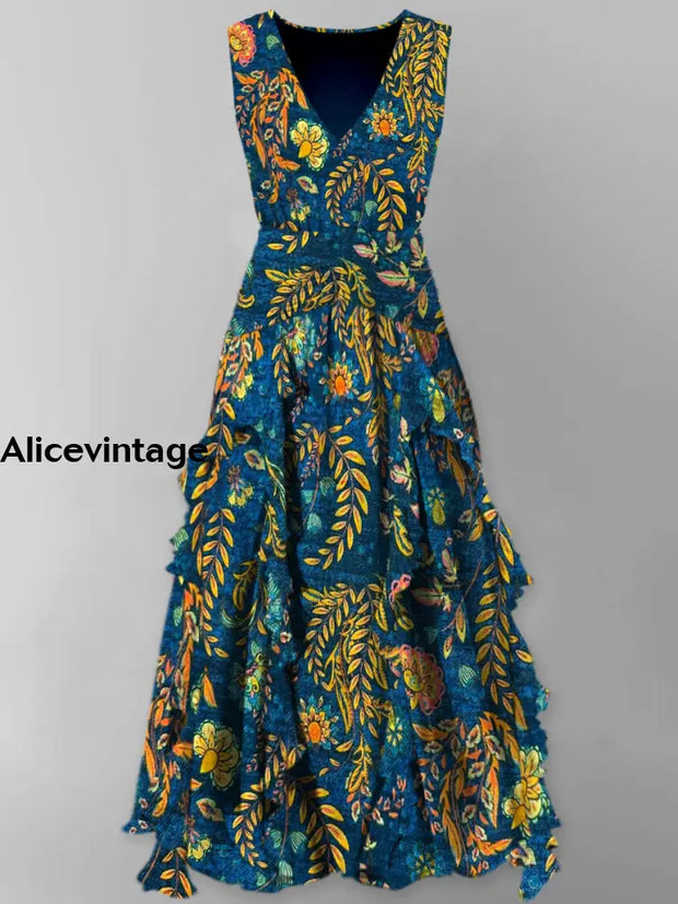 Retro Leaf Print Vintage V-Neck Elegant Chic Sleeveless Maxi Dress A / S