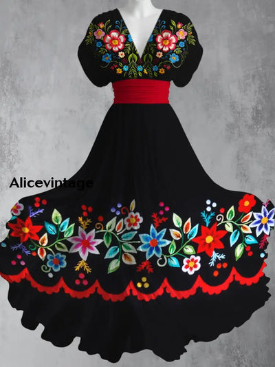 Retro Mexican Fiesta Floral Art Printed Elegant V-Neck Vintage Short Sleeve Maxi Dress A / S
