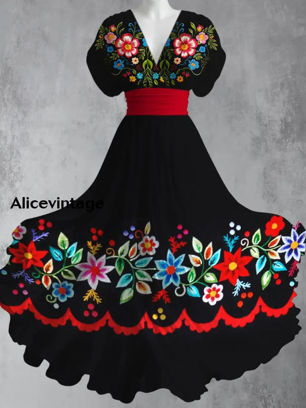 Retro Mexican Fiesta Floral Art Printed Elegant V-Neck Vintage Short Sleeve Maxi Dress A / S