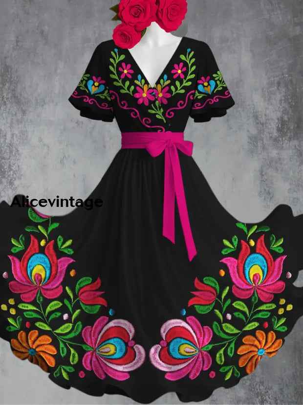 Retro Mexican Fiesta Floral Art Printed V-Neck Vintage Chic Strap Short Sleeve Midi Dress A / S