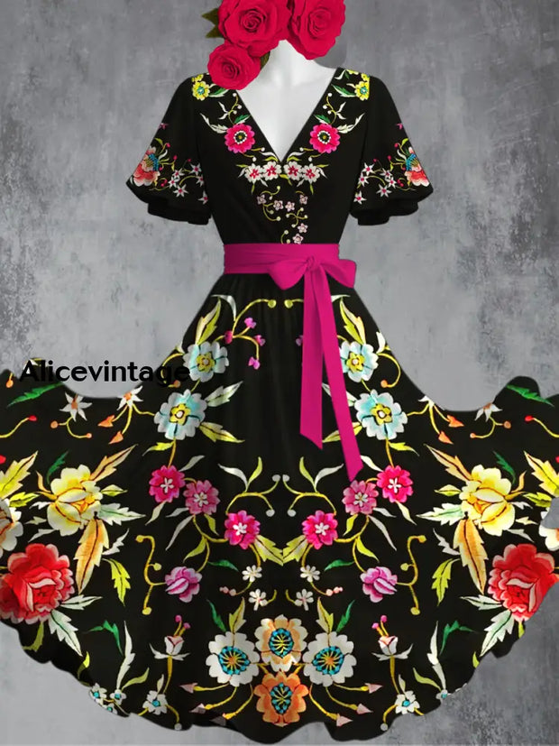 Mexican Floral Art Print Vintage Suspender Dress main image 1