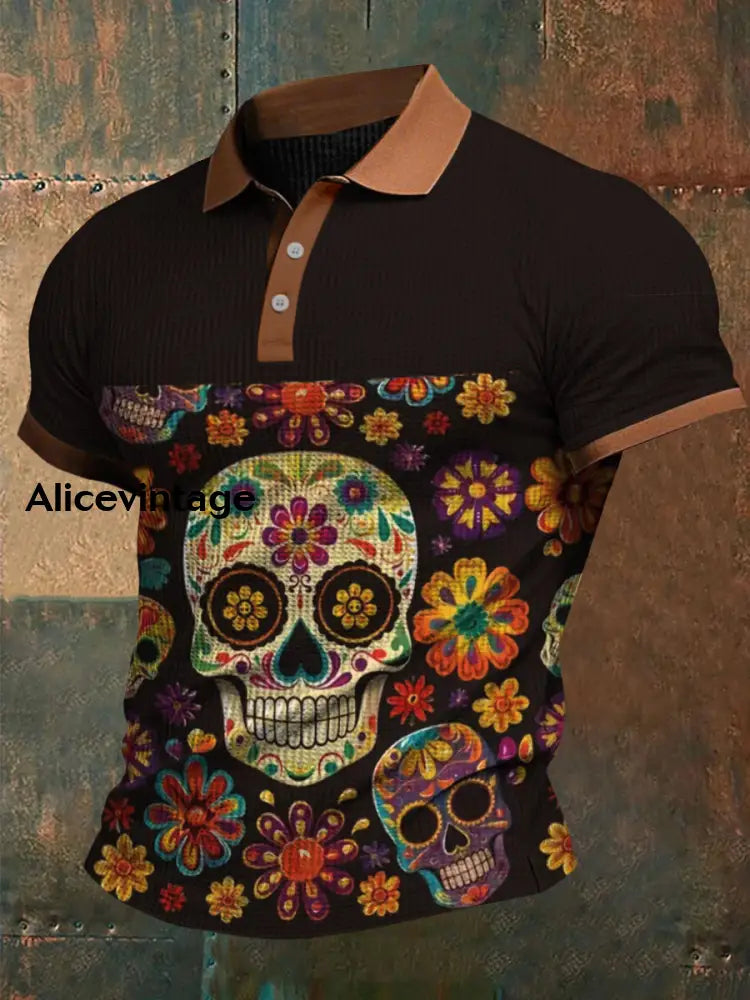 Retro Mexican Fiesta Floral Waffle Texture Pattern Printed Village V-Neck Short Sleeves Shirt A / S