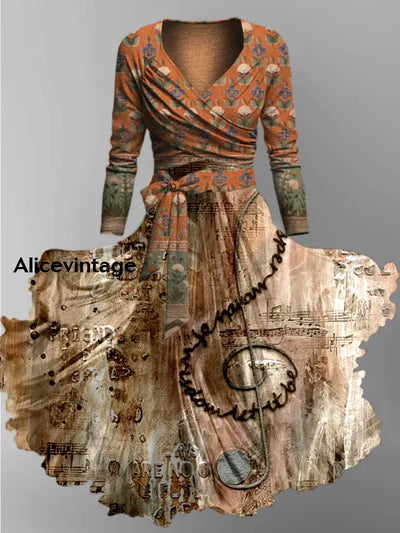 Retro Boho Note Art Print Vintage Chic V-Neck Button Up Long Sleeve Midi Dress A / S