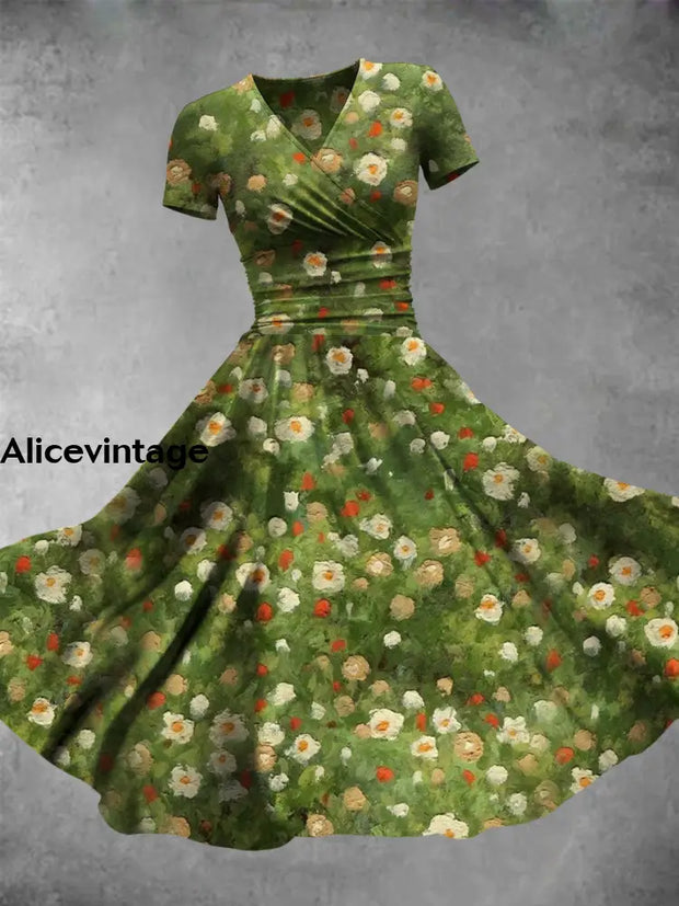 Retro Oil Painting Flowers Print V-Neck Short Sleeve Midi Dress A / S