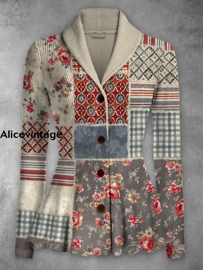 Retro Patchwork Print Elegant Lapel V-Neck Button Up Long Sleeve Top A / S