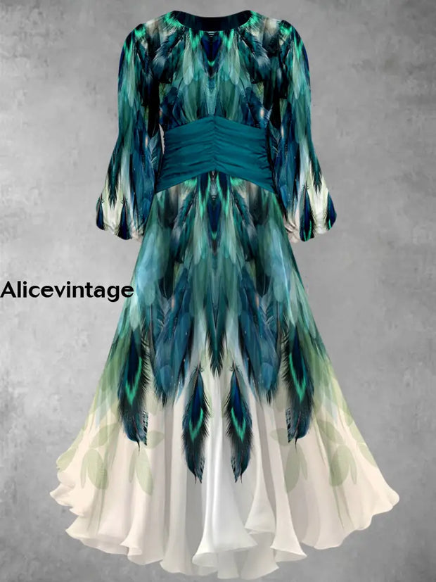 Retro Peacock Feather Print Elegant Chic Round Neck 3/4 Sleeve Midi Dress A / S