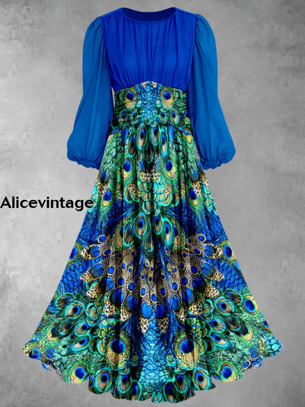 Retro Peacock Feather Print Elegant Chic Round Neck Long Sleeve Midi Dress A / S