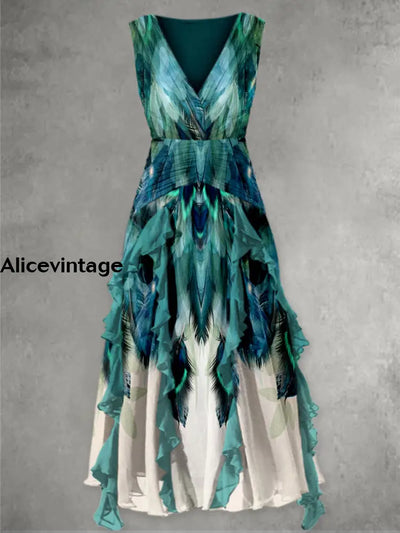 Retro Peacock Feather Print V-Neck Chic Sleeveless Maxi Dress A / S