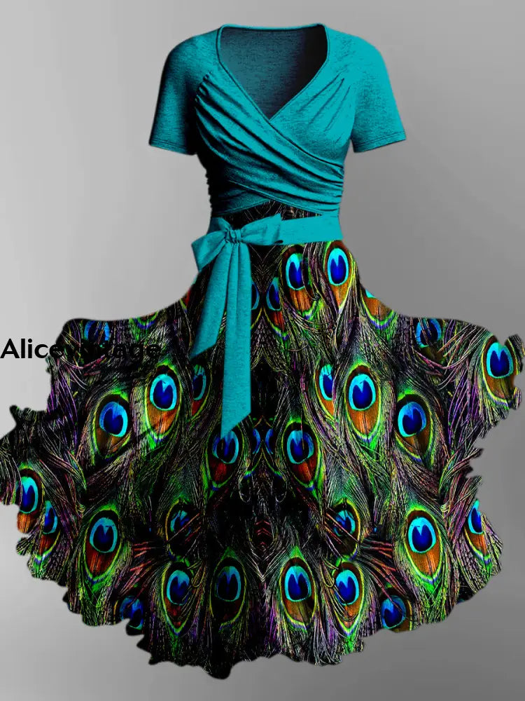 white christmas dresses Sexy Deep V Neck Peacock Print Beach Dress Long Sleeve Casual Boho Women Dress main image 1