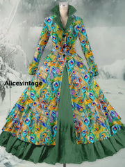 Retro Peacock Feather Printed Vintage Elegant Lapel V-Neck Button Up Double Hem Long-Sleeved Midi