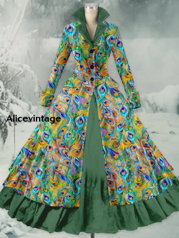 Retro Peacock Feather Printed Vintage Elegant Lapel V-Neck Button Up Double Hem Long-Sleeved Midi