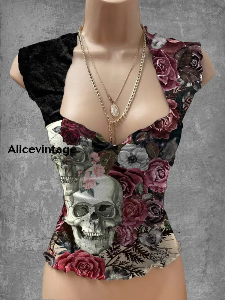 Retro Punk Floral Print V Neck Casual Top A / S