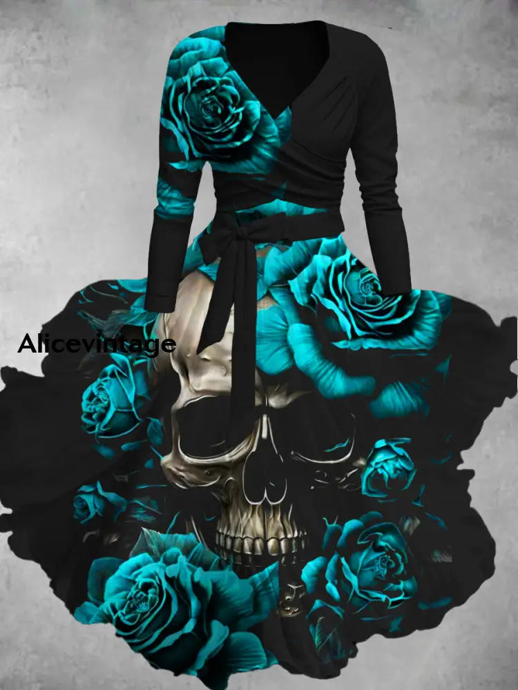 Retro Punk Meaning Print V-Neck Elegant Chic Mid-Length Two-Piece Long-Sleeved Dress A / S