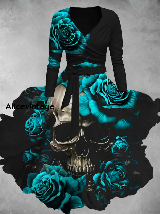 Retro Punk Meaning Print V-Neck Elegant Chic Mid-Length Two-Piece Long-Sleeved Dress A / S