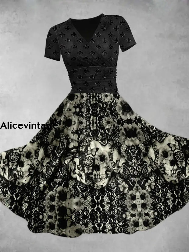 Retro Punk Skull Flower Print V-Neck Short Sleeve Midi Dress A / S