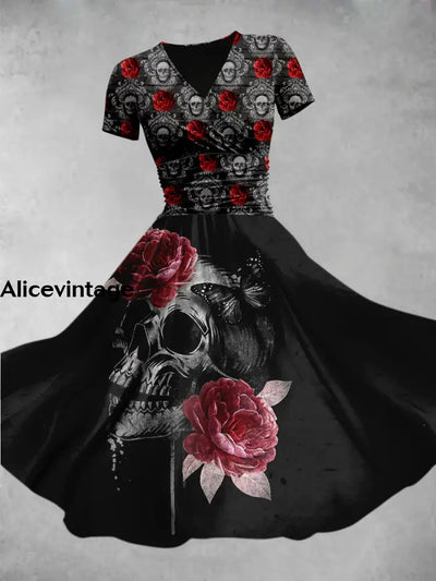 Retro Punk Skull Flowers Prin V-Neck Short Sleeve Midi Dress A / S