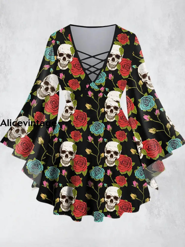 Retro Punk Skull Printed V-Neck Hollow Cut Flared Long Sleeve Mid-Long Top A / Xs