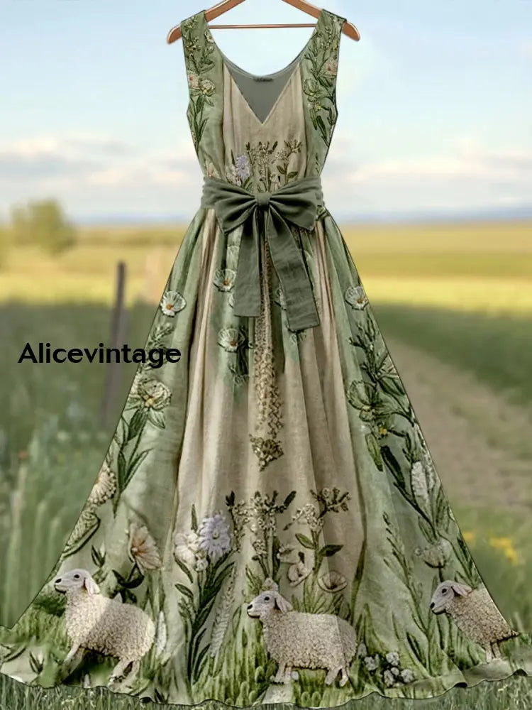 Retro Sheep’s Meadow Boho Floral Art Print V-Neck Sleeveless Cotton Maxi Dress A / S
