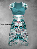 Retro Skull Art Print Short Sleeve Temperament Dress A / S