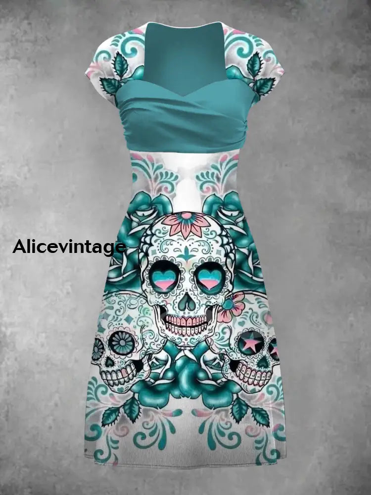Retro Skull Art Print Short Sleeve Temperament Dress A / S