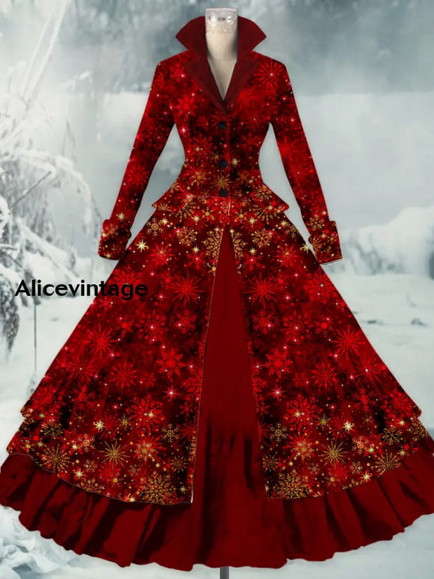 Retro Snowy Art Printed Vintage Elegant Lapel V-Neck Button Up Double Hem Long-Sleeved Midi Dress A