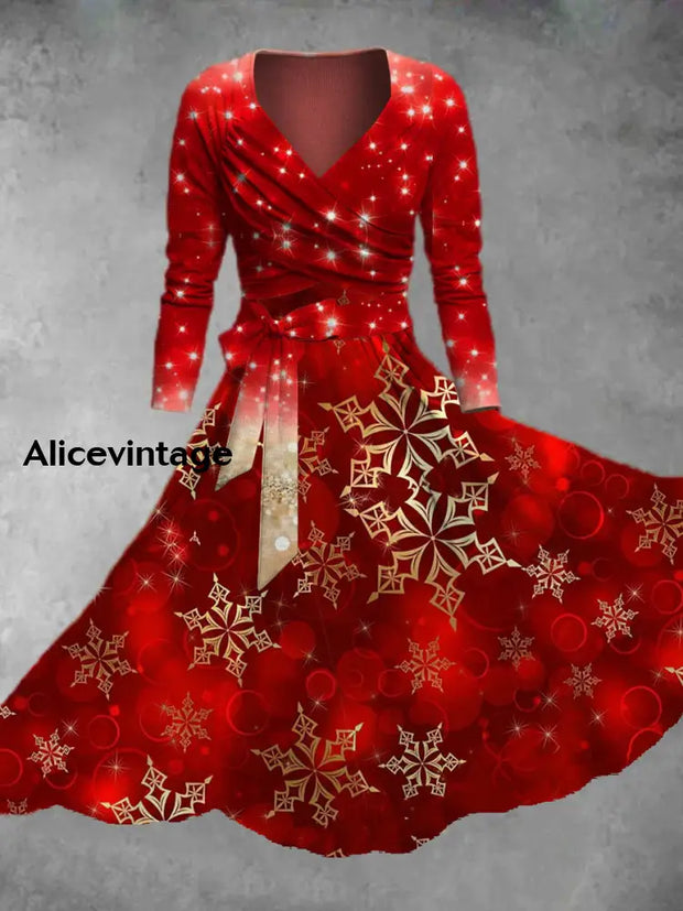 Retro Snowy Floral Art Printed Vintage Cross Fold Long Sleeve Two-Piece Midi Dress A / S