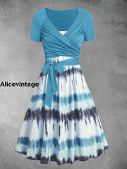 Retro Tie-Dye Art Printed Vintage V-Neck Belt Short Sleeve Two-Piece Midi Dress A / S