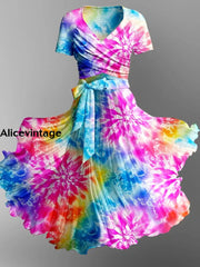 Retro Tie-Dye Printed Vintage Cross Fold Short Sleeve Two-Piece Midi Dress A / S