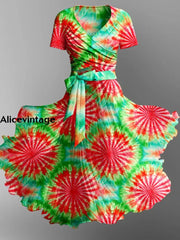 Retro Tie-Dye Printed Vintage Cross Fold Short Sleeve Two-Piece Midi Dress A / S