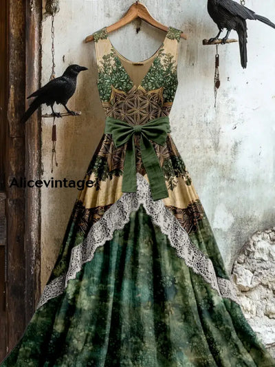 Retro Tree Of Life Art Print Vintage V-Neck Sleeveless Lace Patch Dress A / S