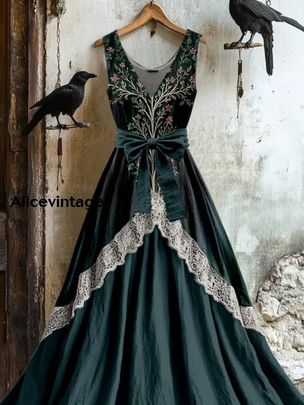 Retro Tree Of Life Floral Art Print Vintage V-Neck Sleeveless Lace Patch Dress A / S