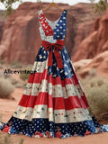 Retro USA Flag Art Print V-Neck Sleeveless Maxi Dress A / S