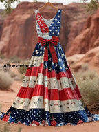 Retro USA Flag Art Print V-Neck Sleeveless Maxi Dress A / S