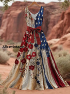 Retro USA Flag Floral Art Print V-Neck Sleeveless Cotton Maxi Dress A / S