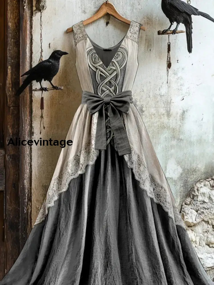 Retro Viking Raven Boho Art Printed V-Neck Sleeveless Cotton Maxi Dress A / S