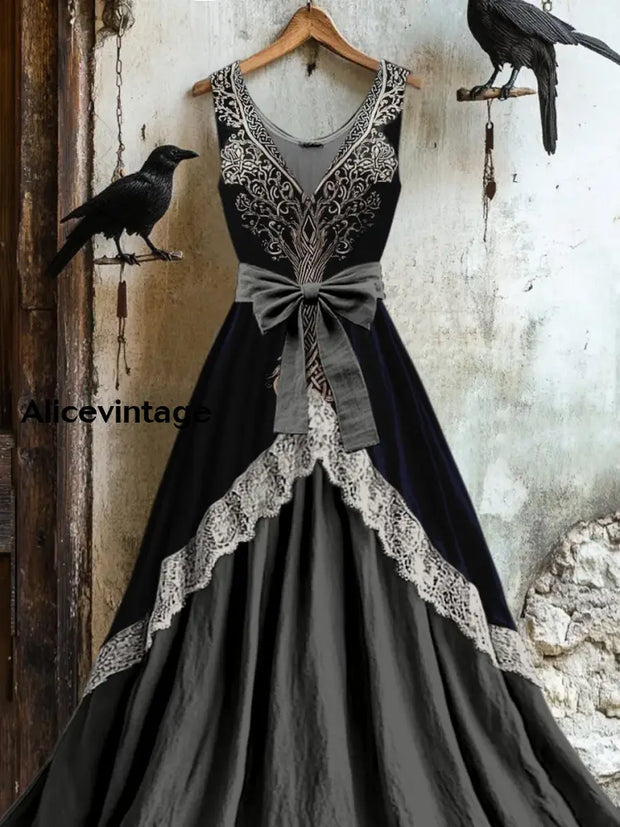 Retro Viking Tree Of Life Knot Totem Print Vintage V-Neck Lace Patch Sleeveless Maxi Dress A / S