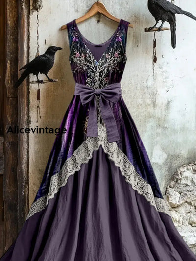 Retro Viking Tree Of Life Knot Totem Print Vintage V-Neck Lace Patch Sleeveless Maxi Dress A / S