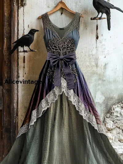 Retro Viking Tree Of Life Knot Totem Print Vintage V-Neck Lace Patch Sleeveless Maxi Dress A / S