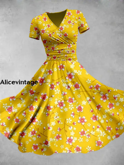 Retro Yellow Flower Print V-Neck Short Sleeve Midi Dress A / S