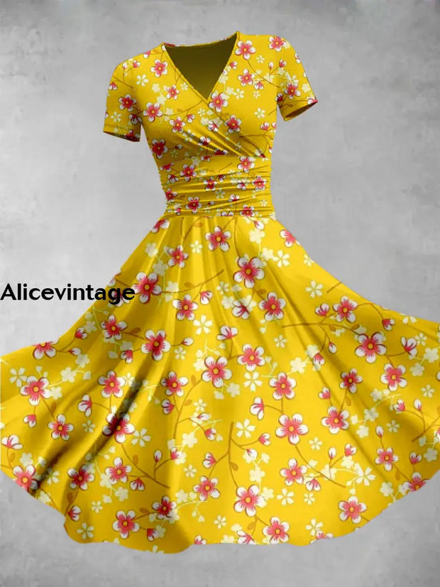 Retro Yellow Flower Print V-Neck Short Sleeve Midi Dress A / S