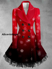 Ruby Snowy Art Printed Elegant Lapel V-Neck Button Up Thick Long-Sleeved Mesh Gauze Midi Dress